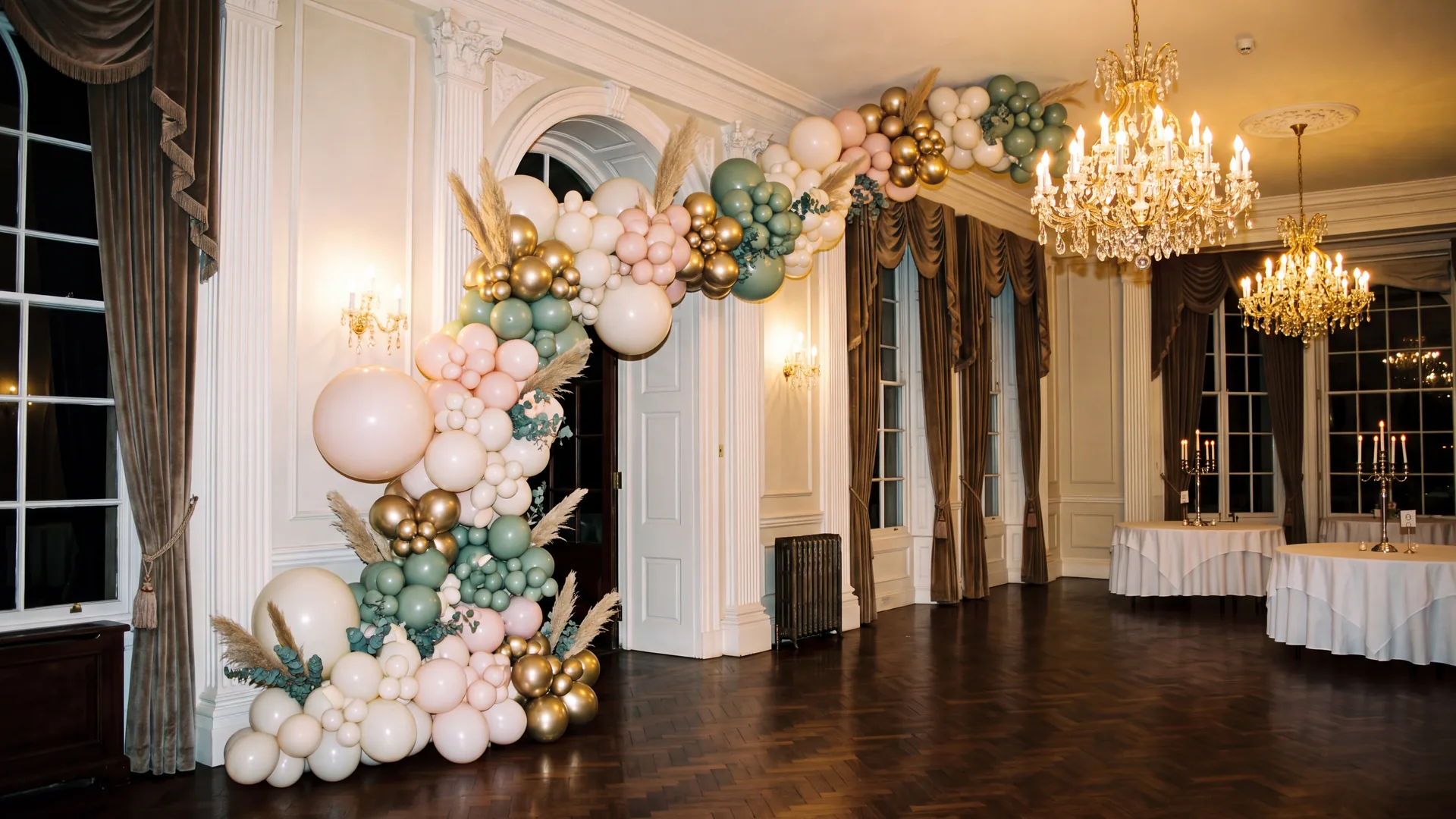 Balloon garland in blush, sage and gold running across a ballroom wall under lit chandeliers