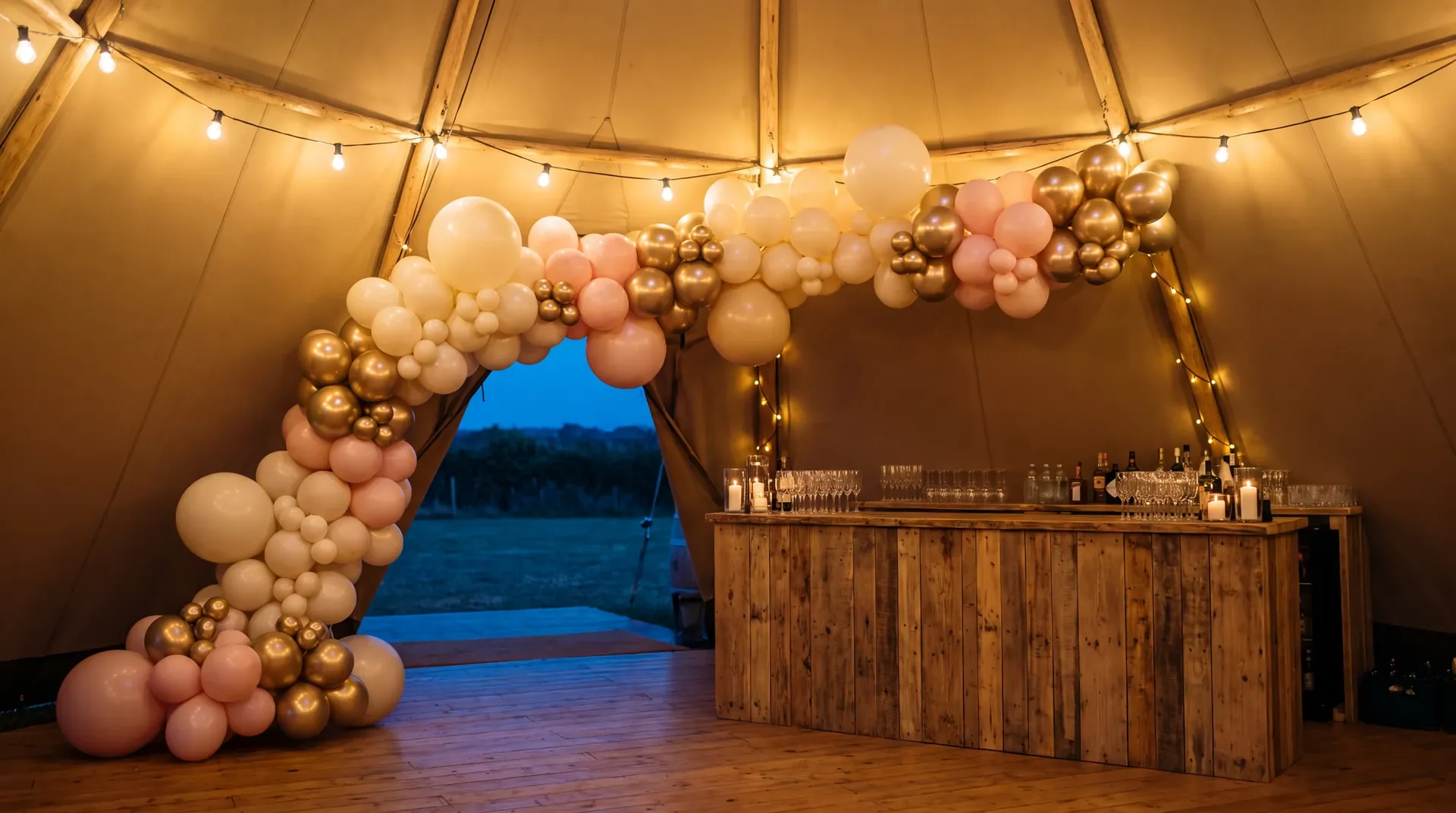 Balloon installation over a rustic bar inside a wedding tipi at dusk
